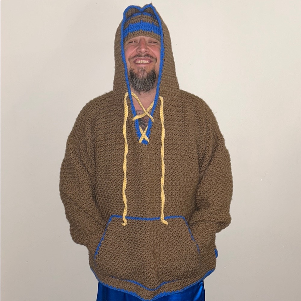 Brown and Blue Crocheted Hoodie with Yellow Accents